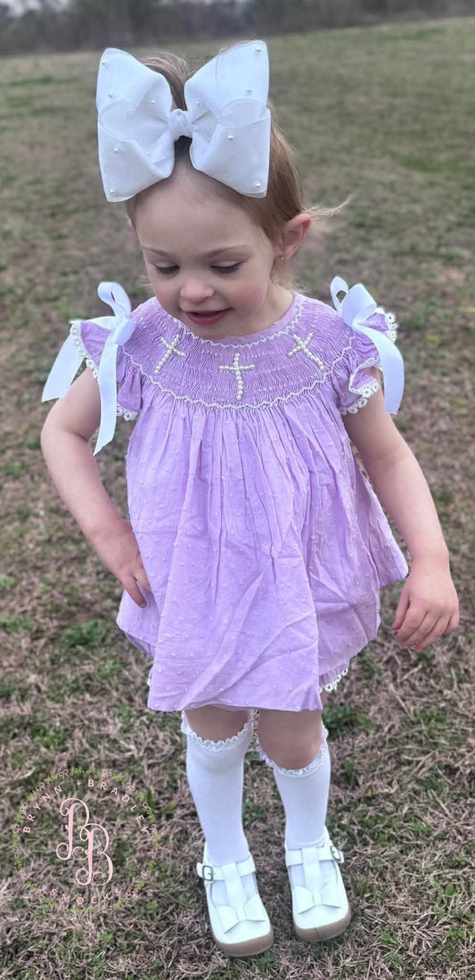RTS: Smocked Pearl Crosses Girl Diaper Set **Dress Length 5T-6T!**