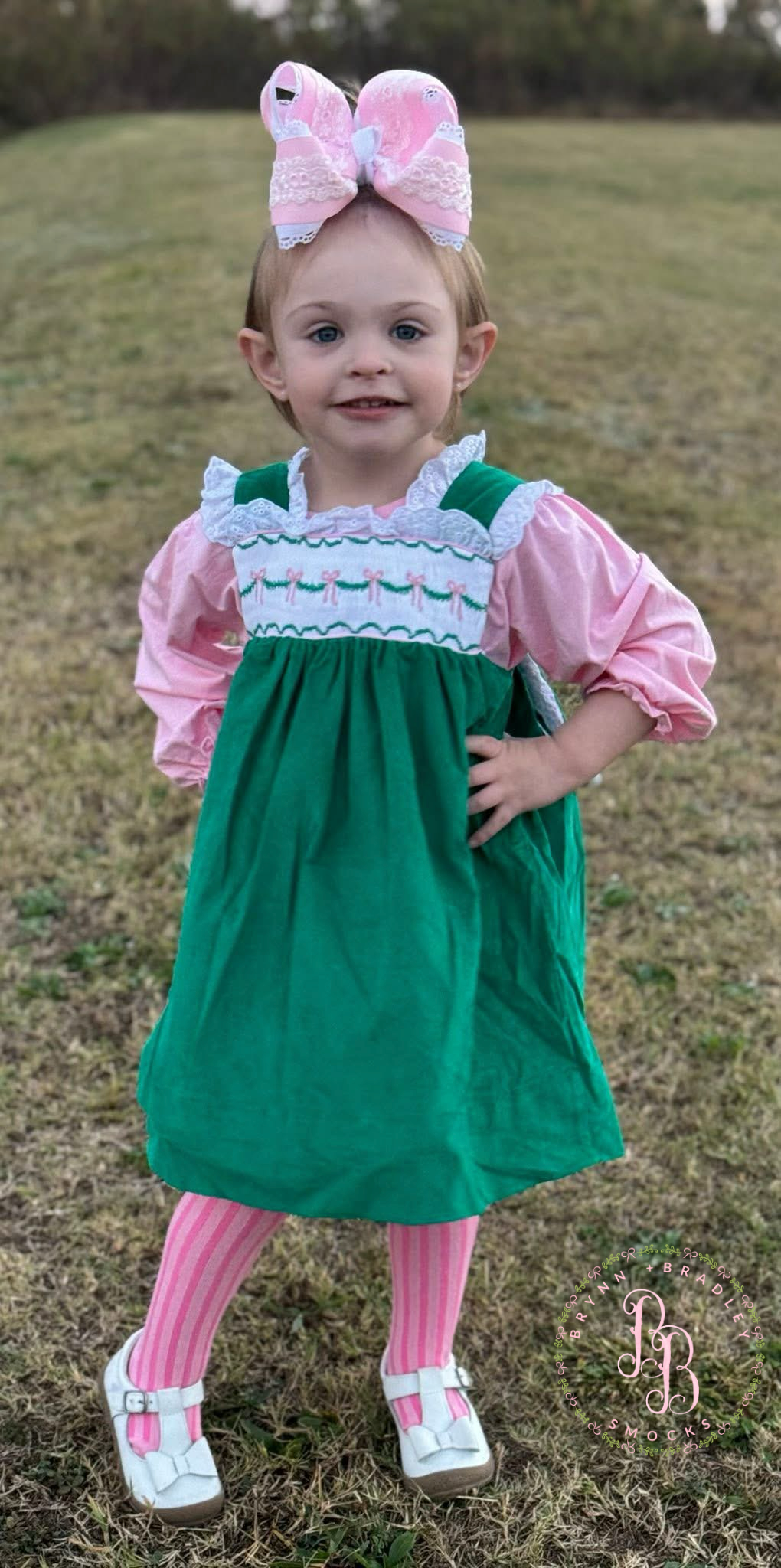 RTS: Girl’s Green Corduroy Bows Dress Set