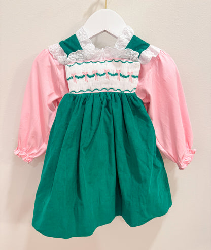 RTS: Girl’s Green Corduroy Bows Dress Set
