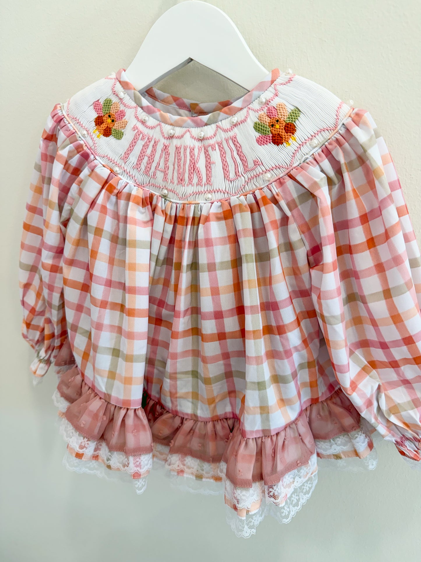 RTS: Plaid Smocked Turkeys Girl Diaper Set + Dress