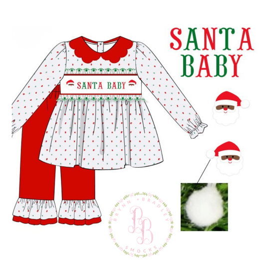 PO29: Brown Santa Name Smocks Girl Pants Set
