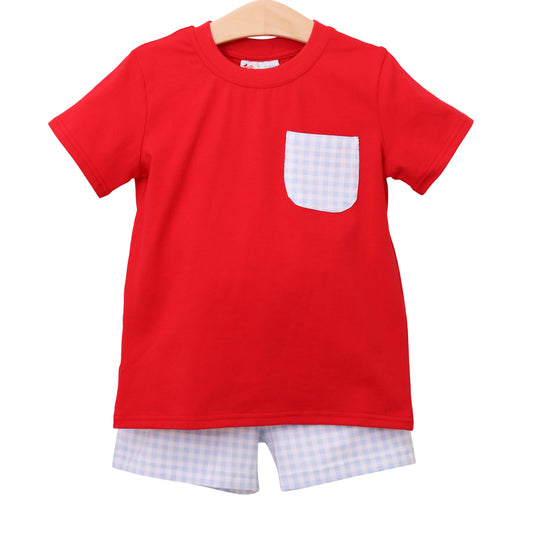 Boy's Blue Gingham/Red Pocket Shorts Set