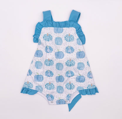 RTS: Blue Bitty Dot Pumpkins Sunsuit