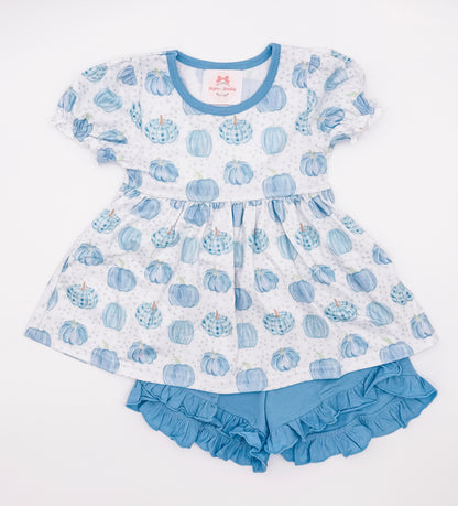 RTS: Blue Bitty Dot Pumpkins Girl Shorts Set