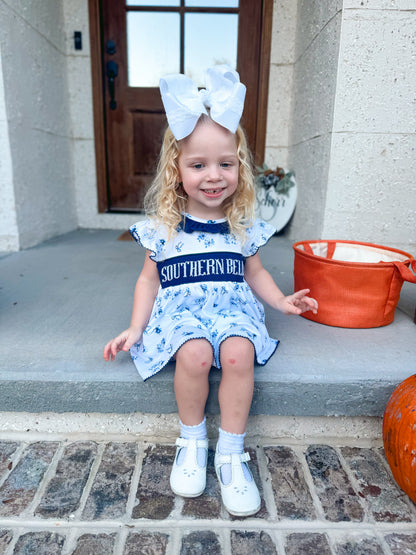 RTS: Navy Bows + Blooms Girl Skirted Bubble - “SOUTHERN BELLE” 9m