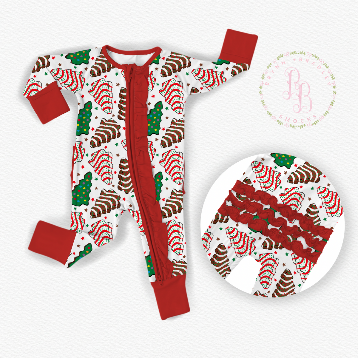 RTS: Christmas Tree Cakes Bamboo Ruffle Zippy