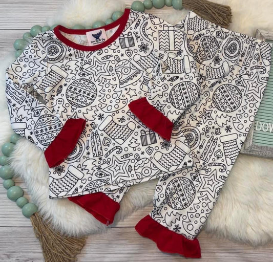 Girl’s Ruffled Christmas Coloring Pajamas + Marker Set