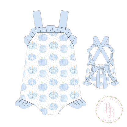 RTS: Blue Bitty Dot Pumpkins Sunsuit