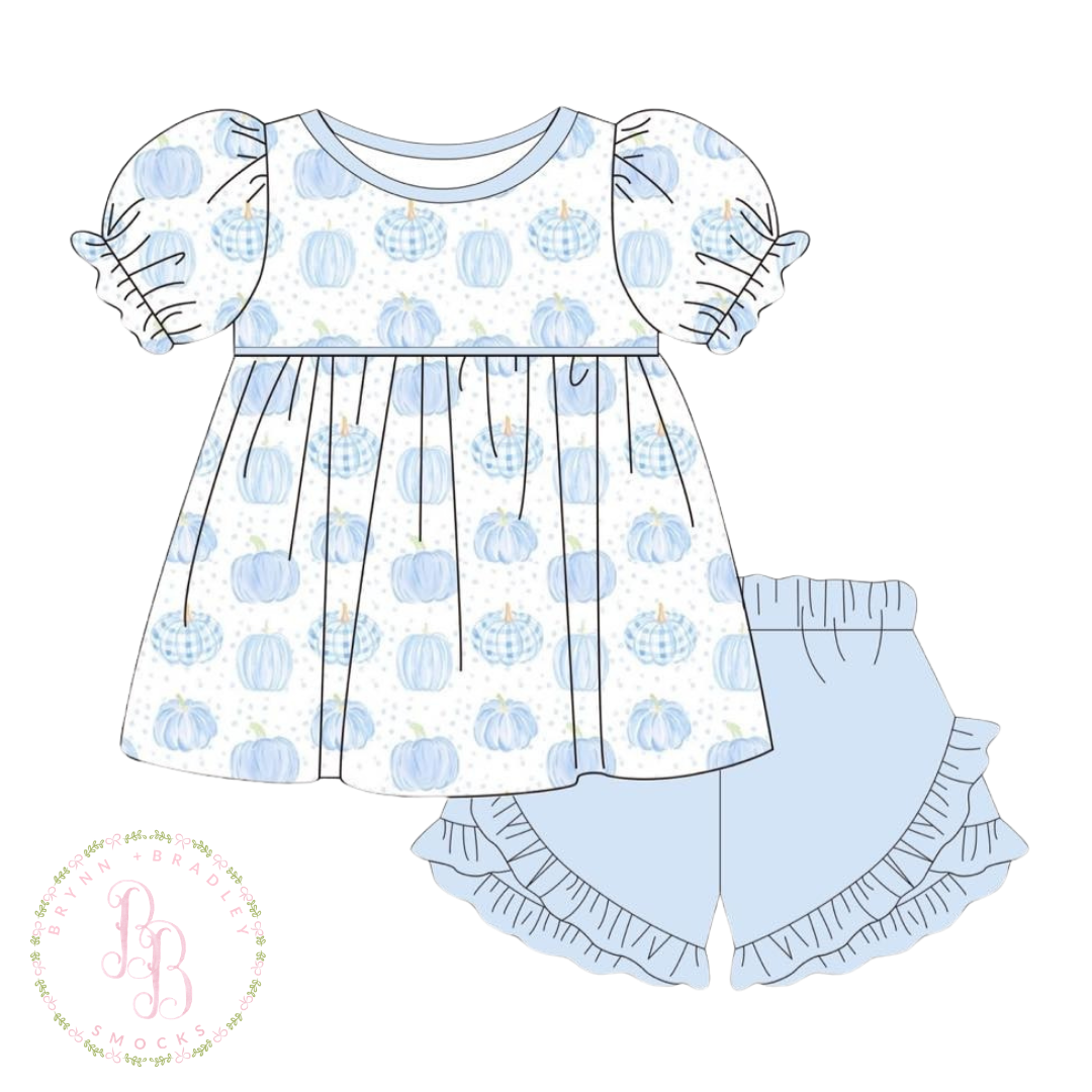 RTS: Blue Bitty Dot Pumpkins Girl Shorts Set