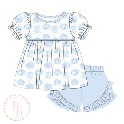RTS: Blue Bitty Dot Pumpkins Girl Shorts Set